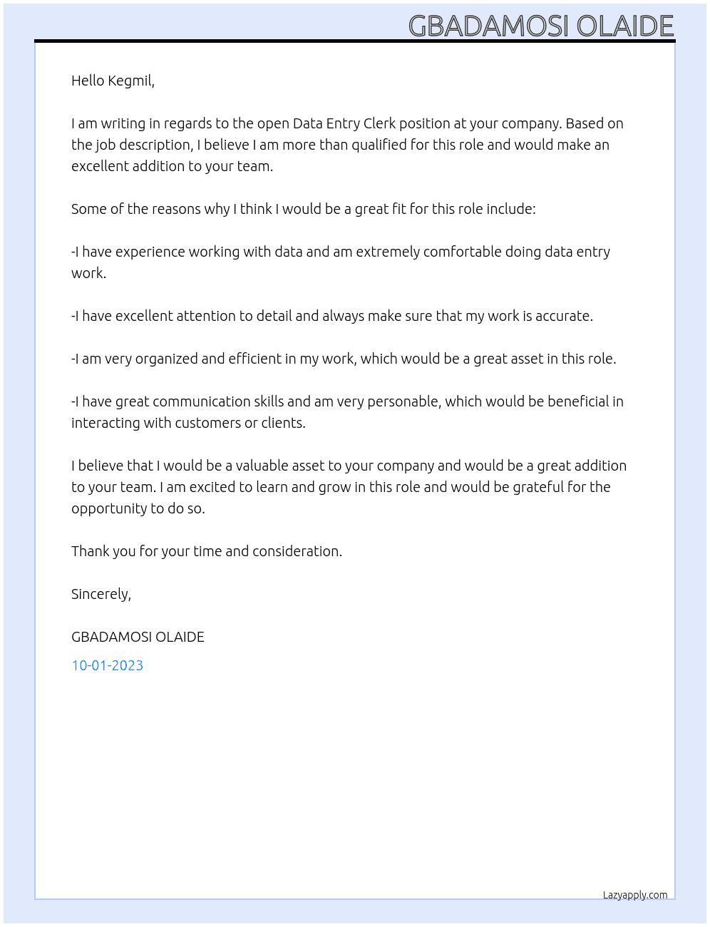 Data entry clerk At Kegmil Cover Letter