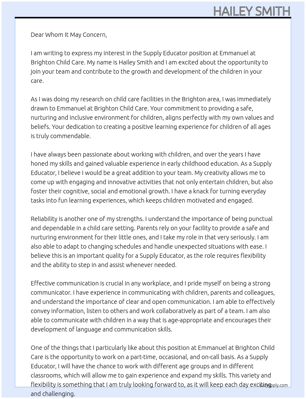 Supply Educator At Emmanuel at Brighton Child Care Cover Letter
