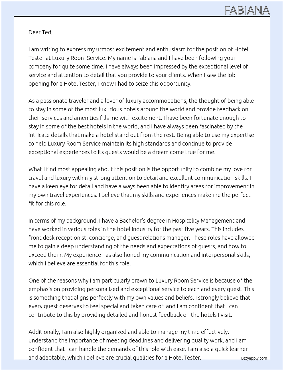 Hotel tester At Luxury Room service Cover Letter