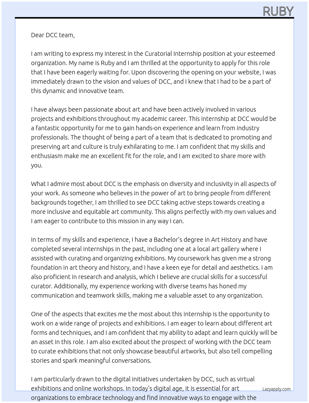 Curatorial Internship At DCC Cover Letter