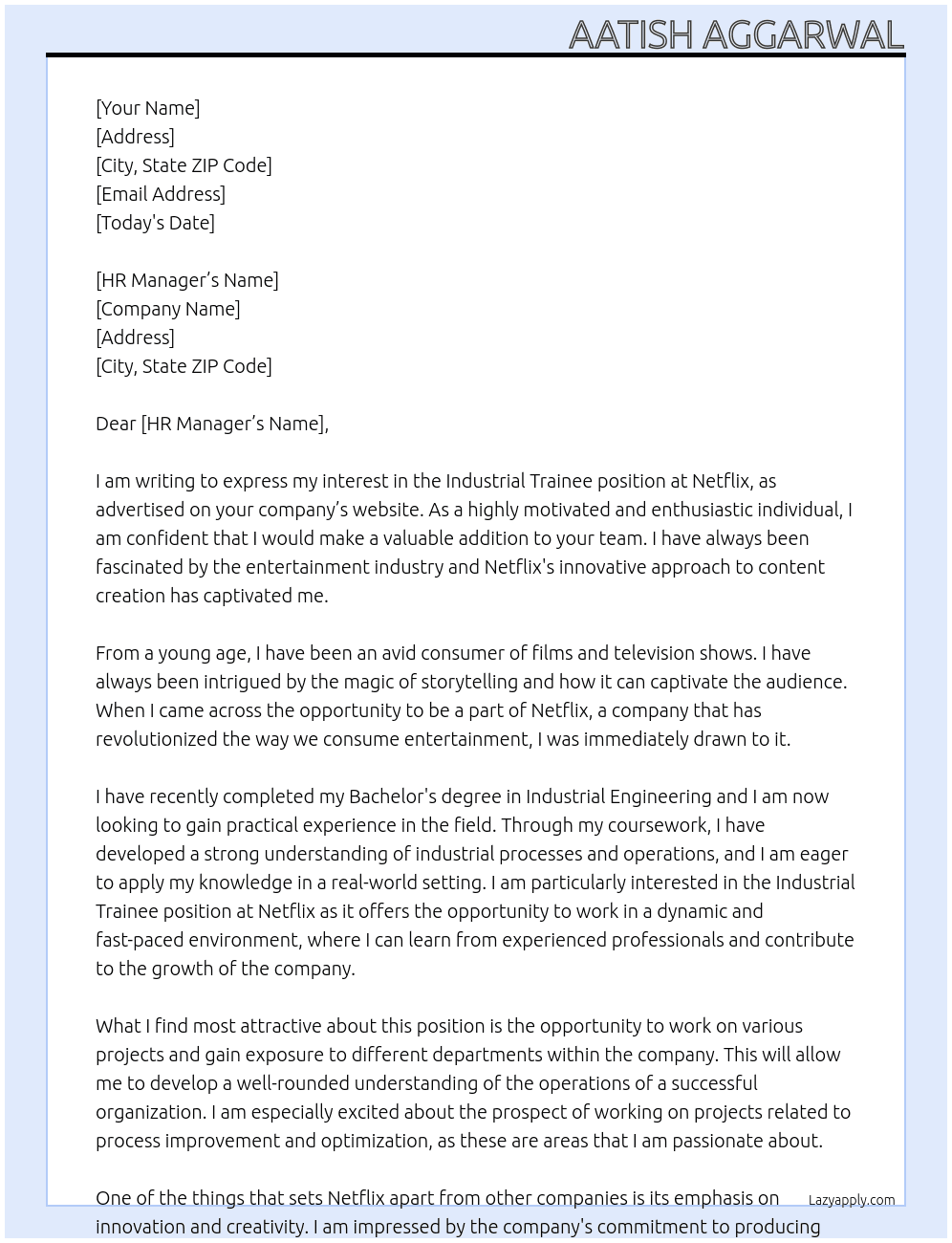 Industrial Trainee At Netflix Cover Letter
