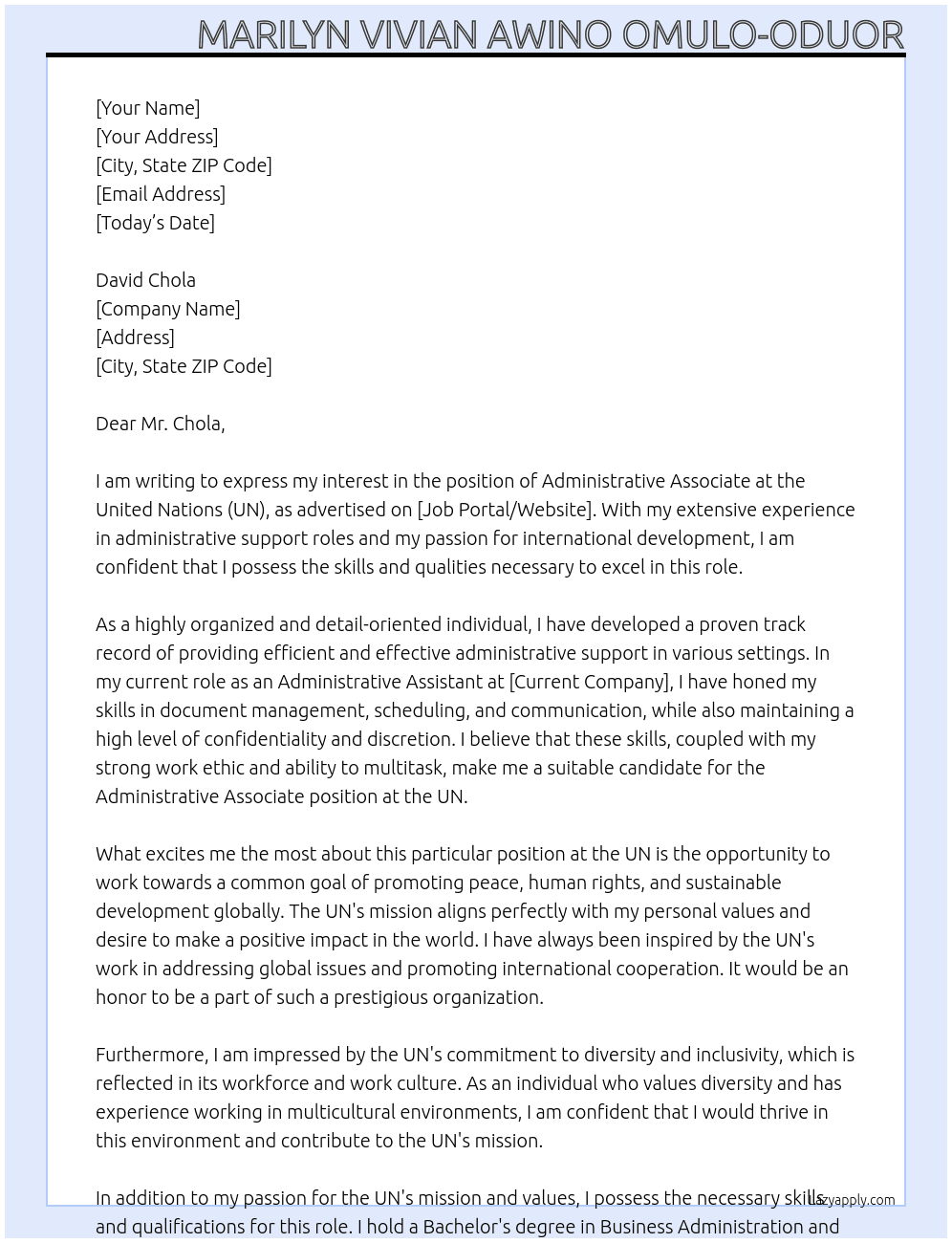 Administrative associate At UN Cover Letter