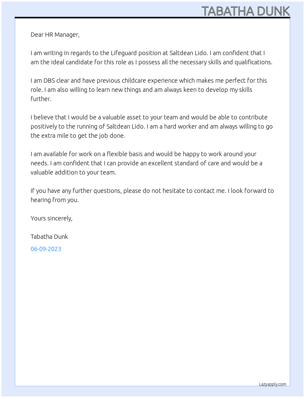 Lifeguard  At Saltdean Lido Cover Letter