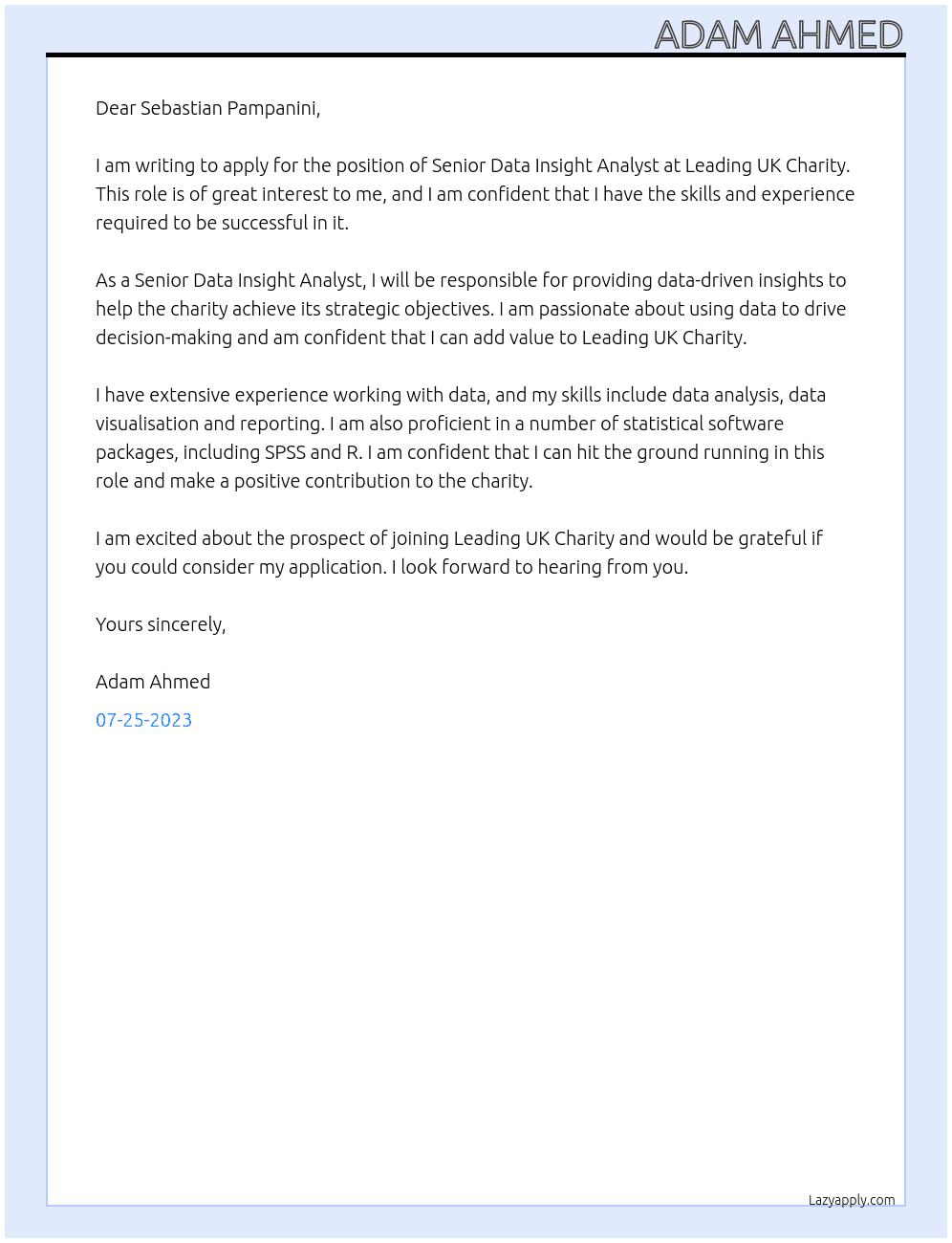 SENIOR DATA INSIGHT ANALYST  At Leading UK Charity Cover Letter