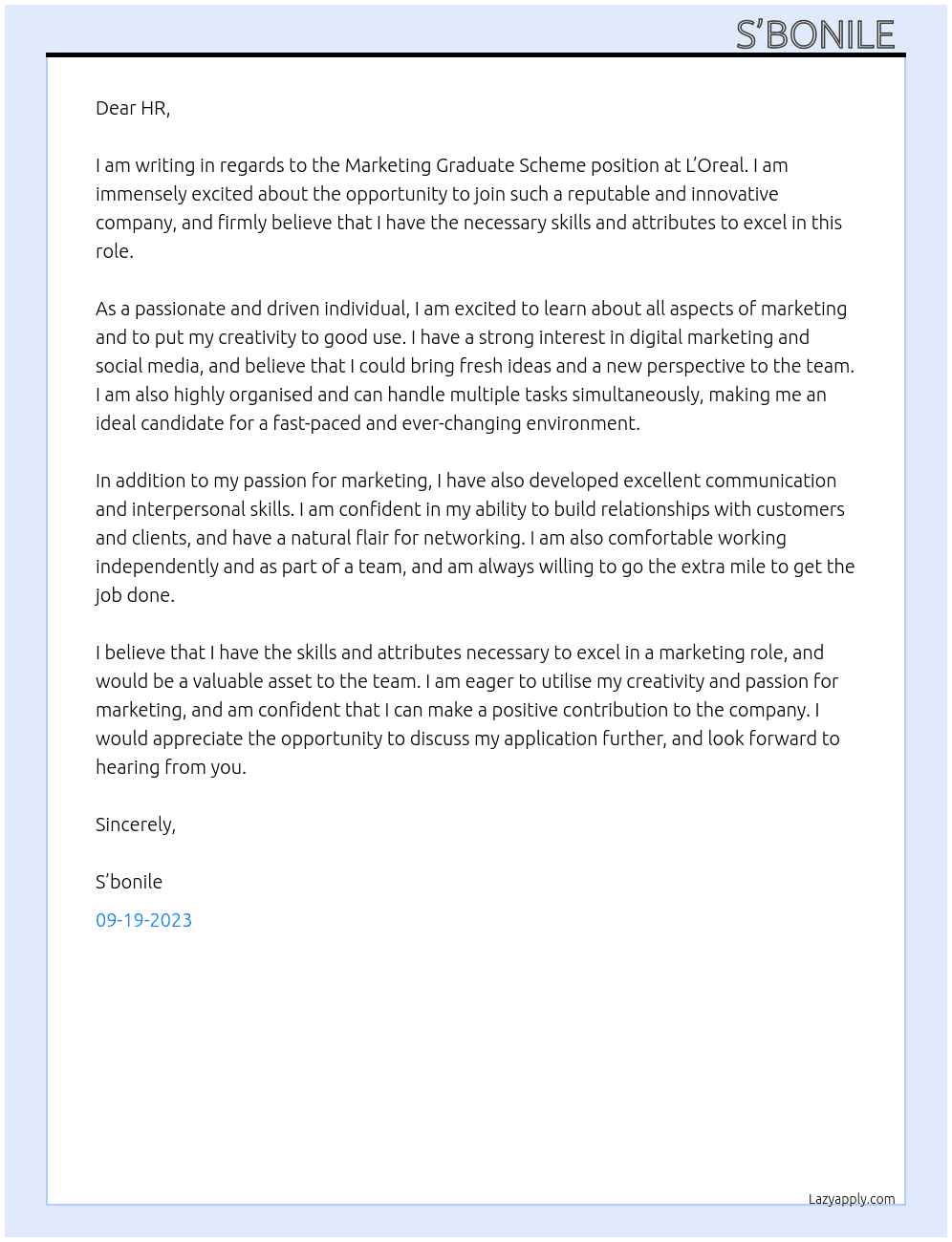 Marketing Graduate Scheme At L’Oreal Cover Letter