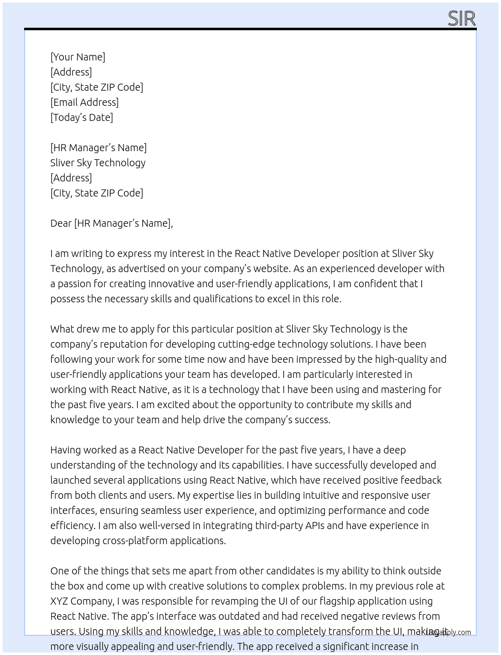 React Native Developer  At Sliver Sky Technology  Cover Letter