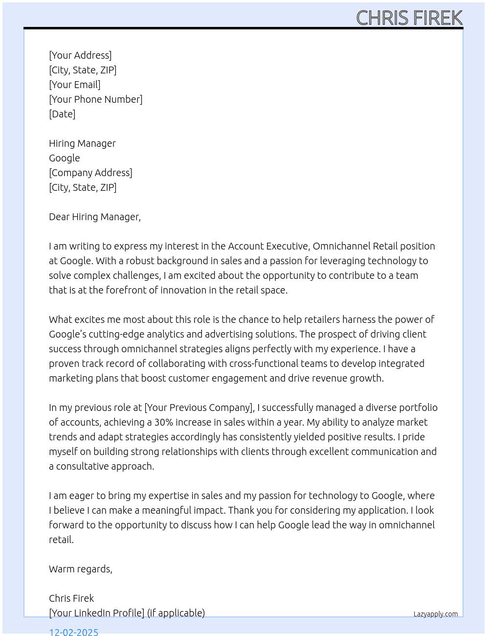 Cover letter for account executive, omnichannel retail - LazyApply