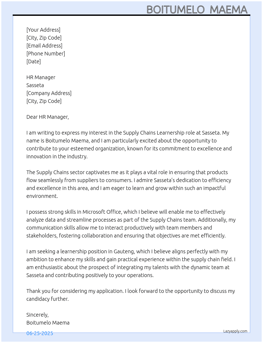 Supplychains  At Sasseta Cover Letter