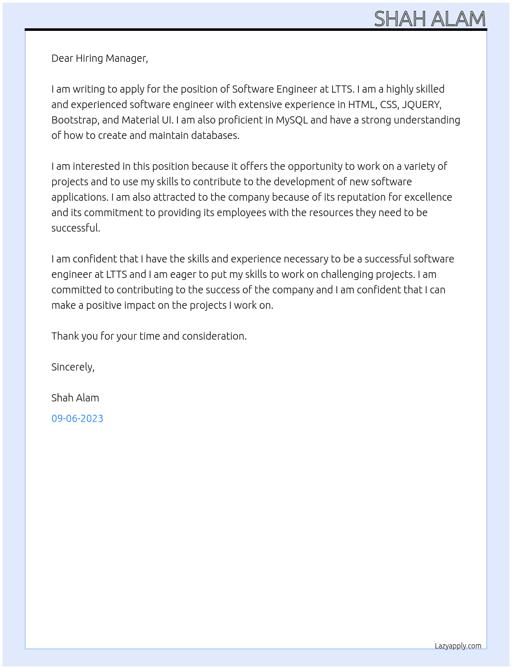 Software Engineer At LTTS Cover Letter