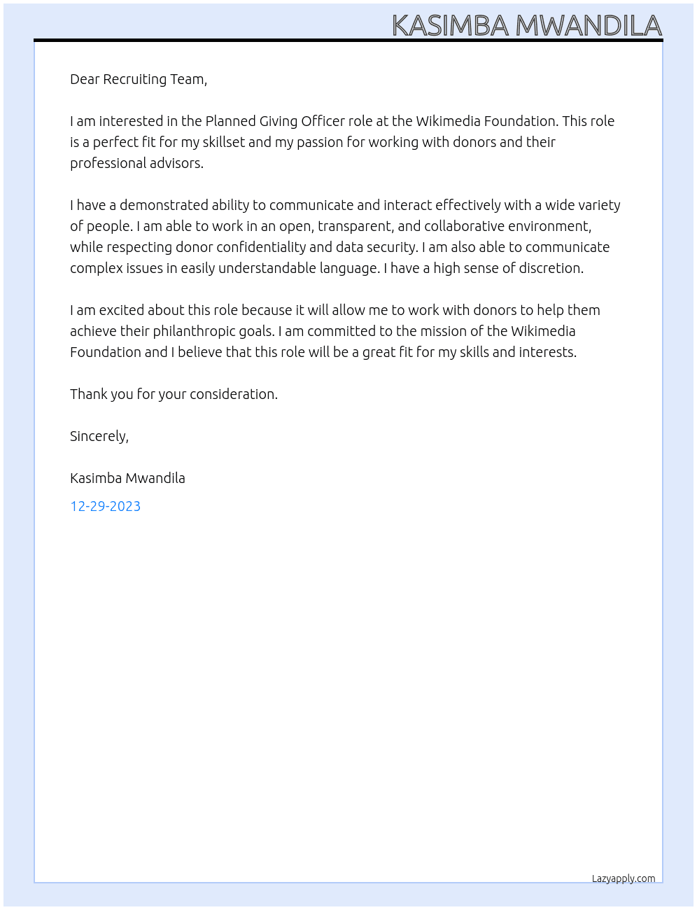 Planned Giving Officer (Principal level role) At Wikimedia Foundation Cover Letter