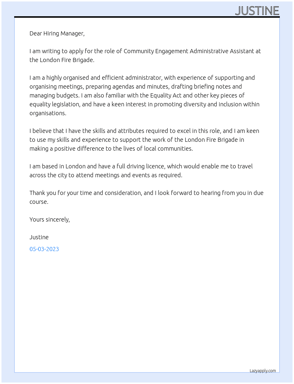 Community Engagement Administrative Assistant At London Fire Brigade Cover Letter