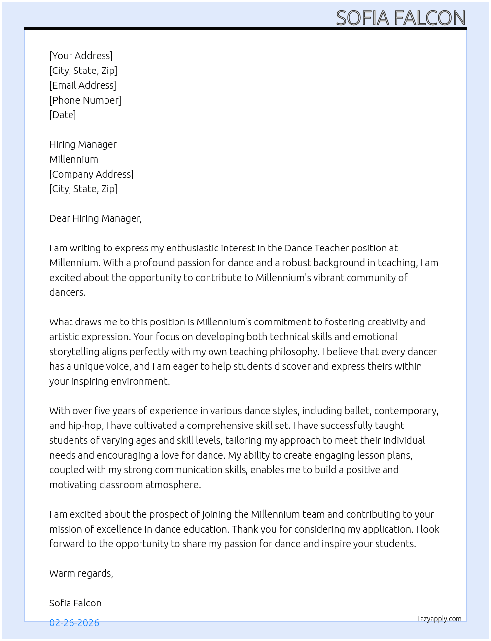 Dance teacher At millenium Cover Letter