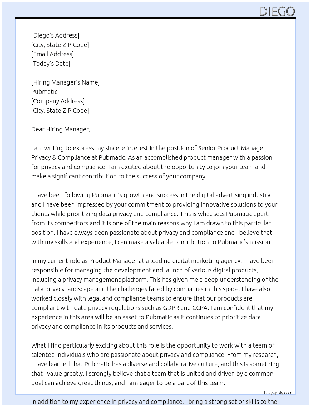 Senior Product Manager, Privacy & Compliance At Pubmatic Cover Letter