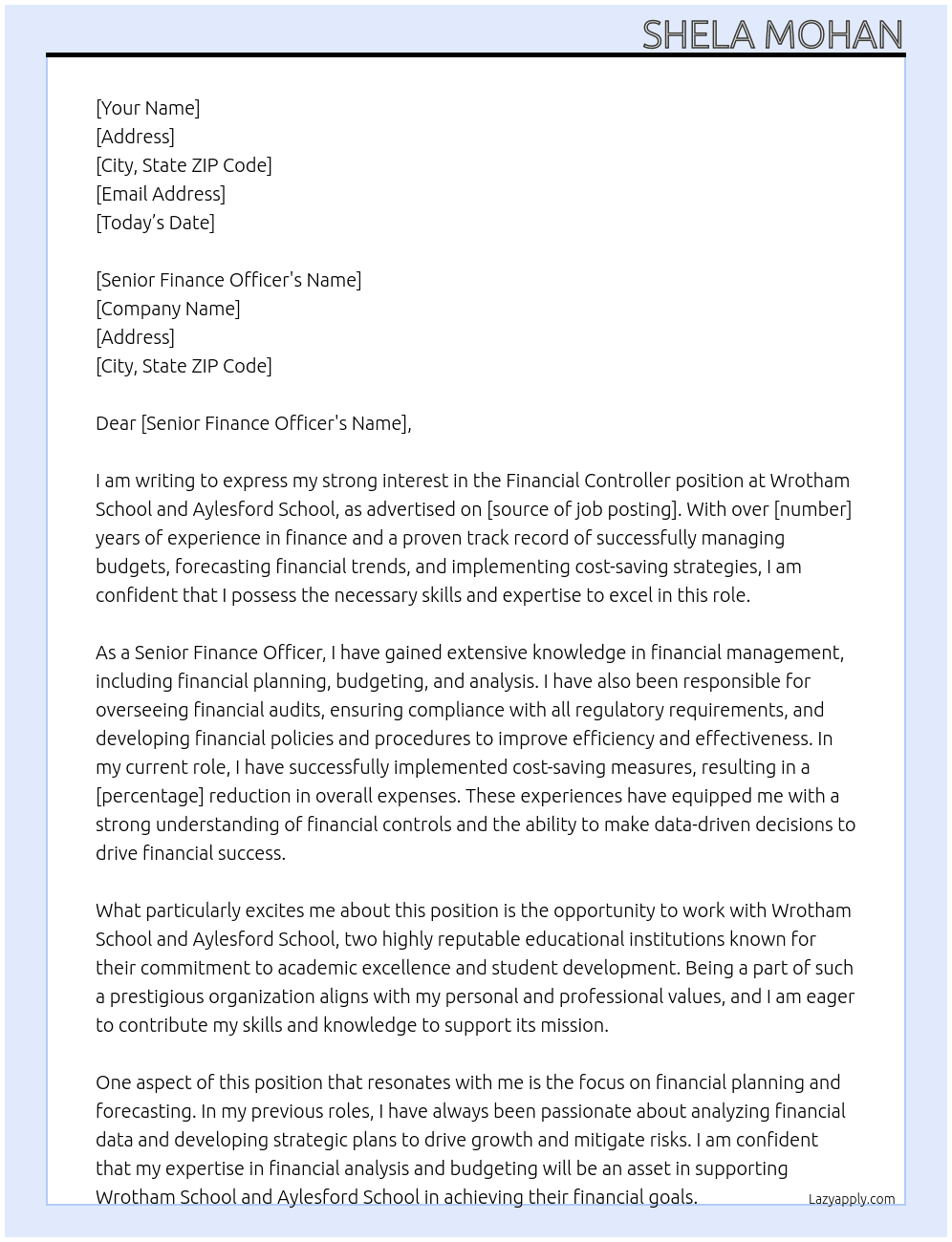 fianncial controlles At Wrotham School and Aylesford School  Cover Letter