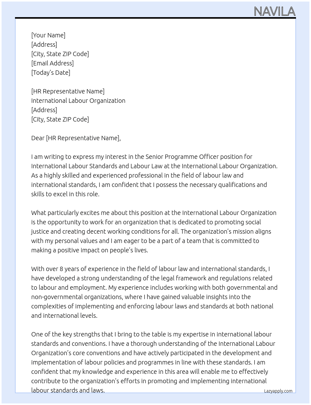 Senior Programme Officer - International Labour Standards and Labour Law At International Labour Organization Cover Letter