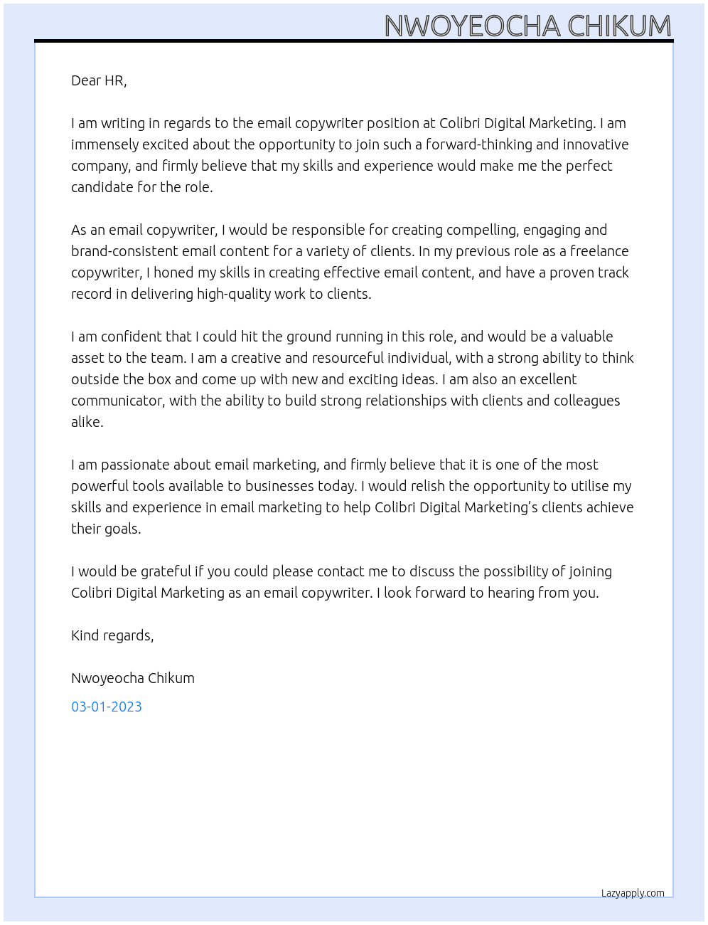 Email copywriter At Colibri Digital Marketing Cover Letter