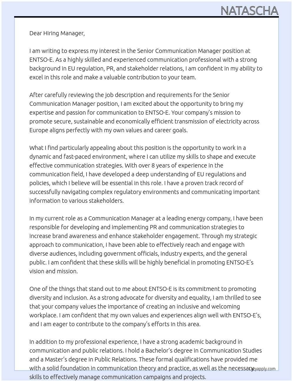 Cover letter for senior communication manager - LazyApply