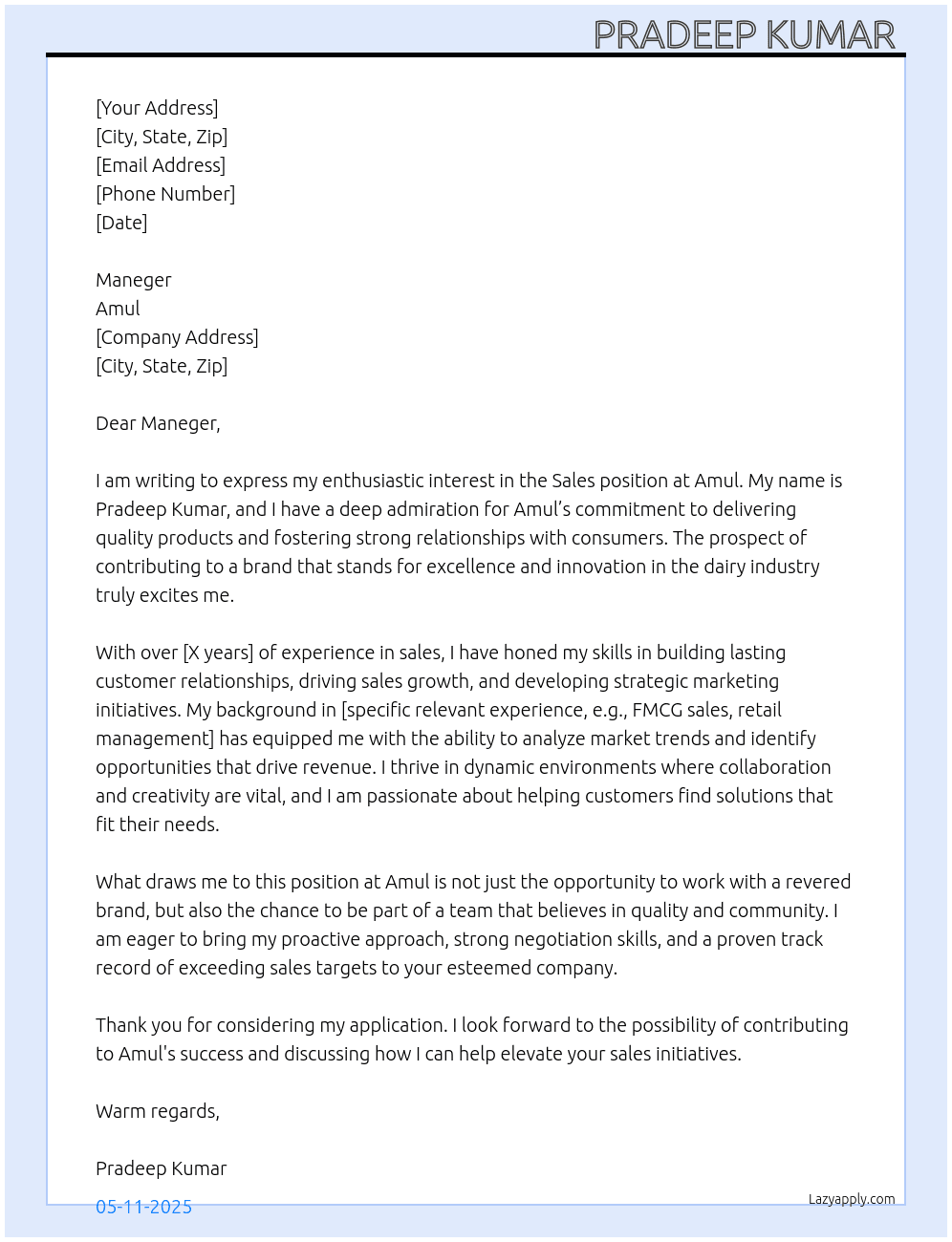 Sales m At Amul  Cover Letter
