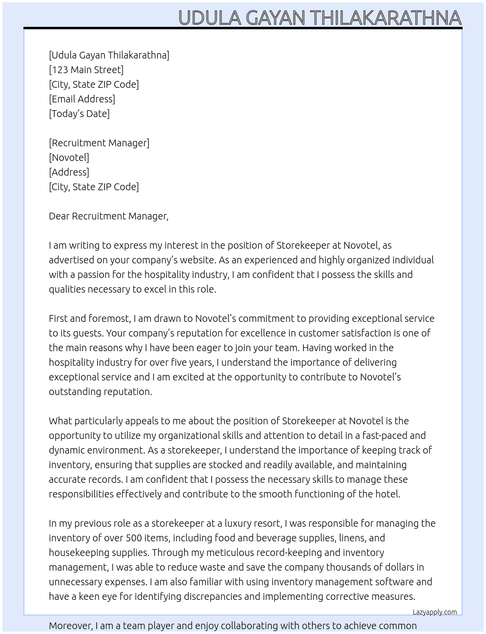 storekeeper At NOVOTEL Cover Letter