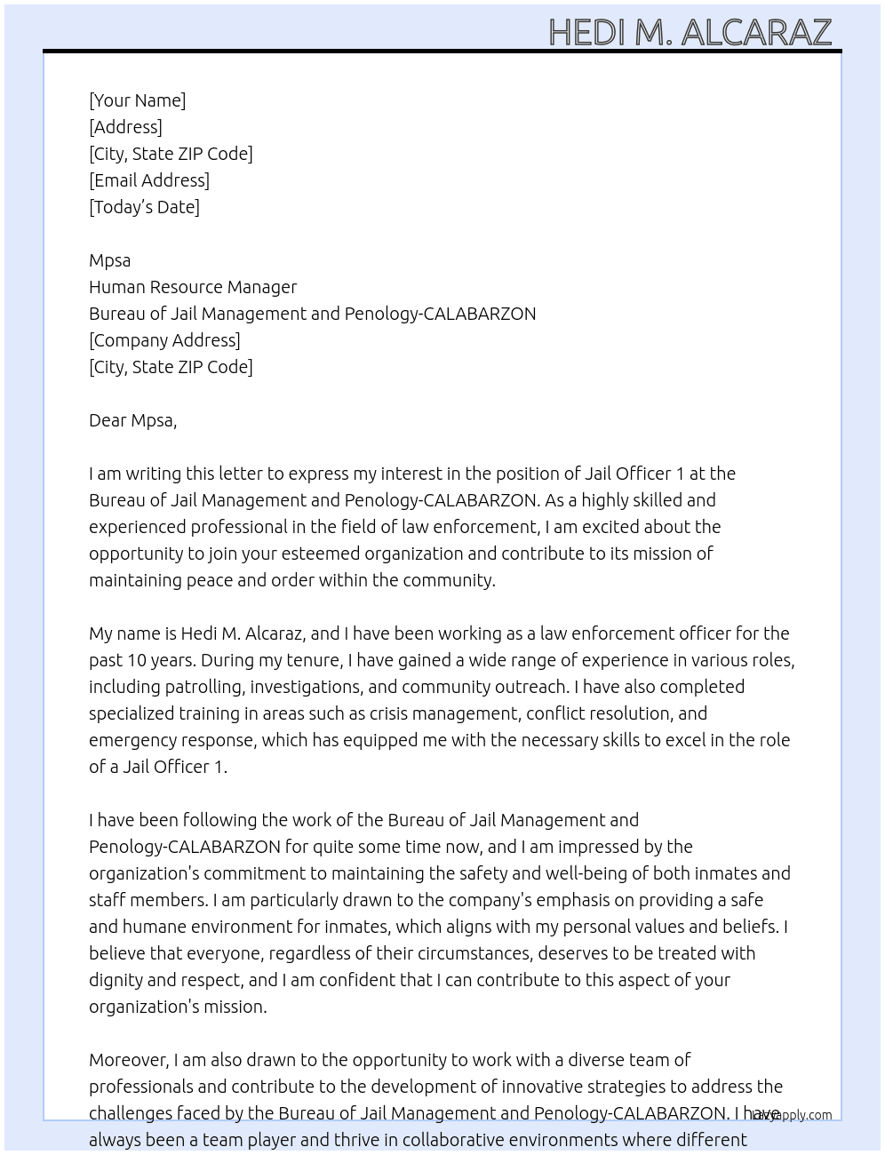 Jail officer 1  At Bureau of Jail Management and Penology-CALABARZON Cover Letter