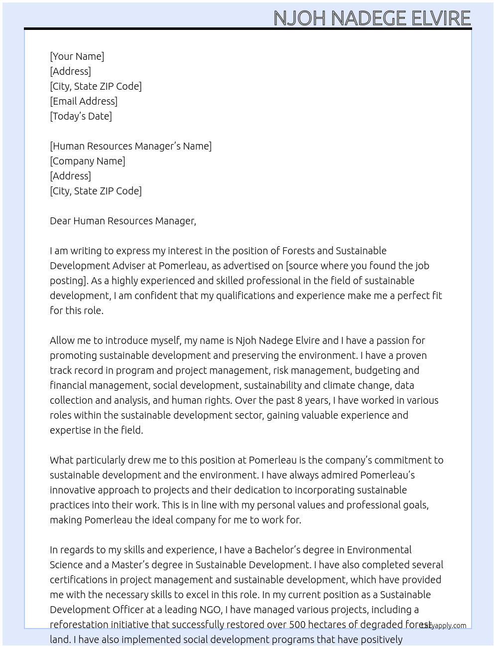 Forests and Sustainable Development Adviser At Pomerleau Cover Letter