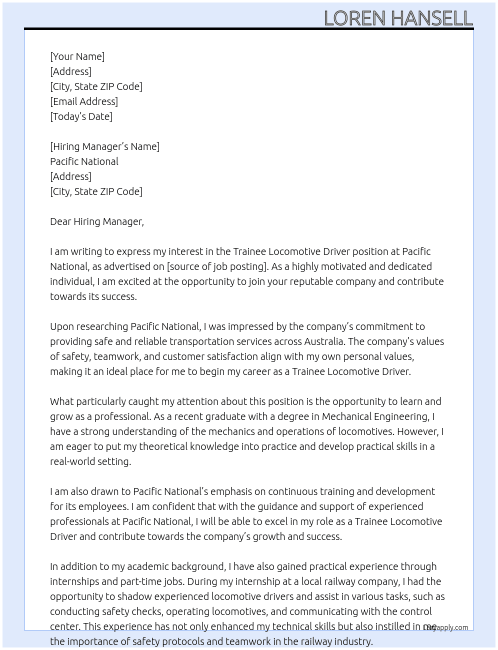 Trainee Locomotive Driver At Pacific National Cover Letter