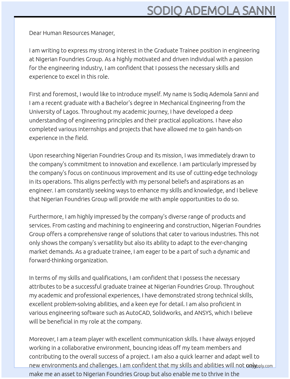 Graduate trainee ( engineering ) At Nigerian Foundries Group Cover Letter