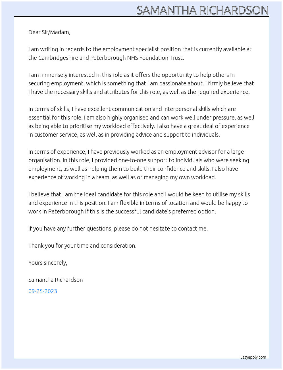 Employment Specialist At Cambridgeshire and Peterborough NHS Foundation Trust Cover Letter