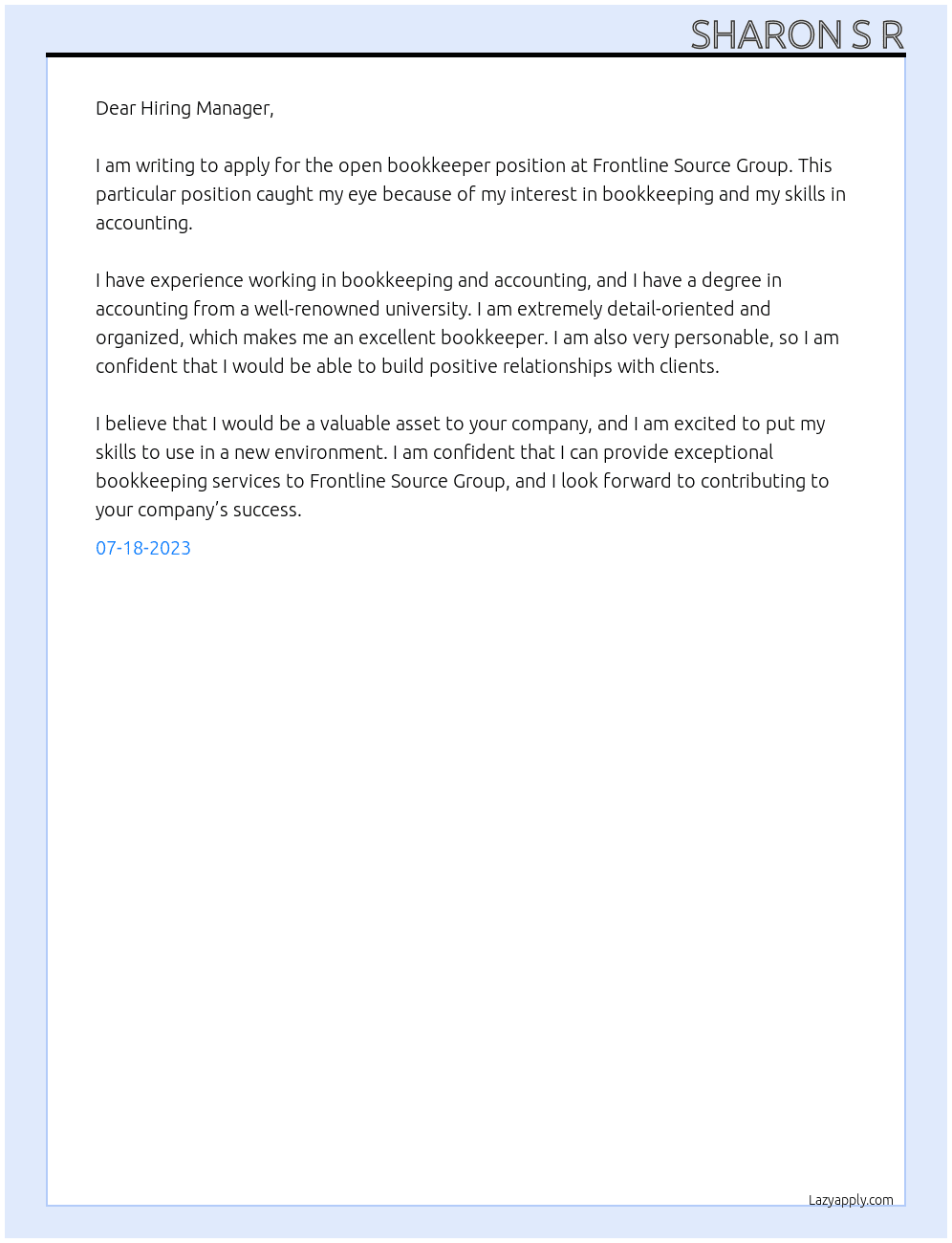 Bookkeeper At Frontline Source Group  Cover Letter
