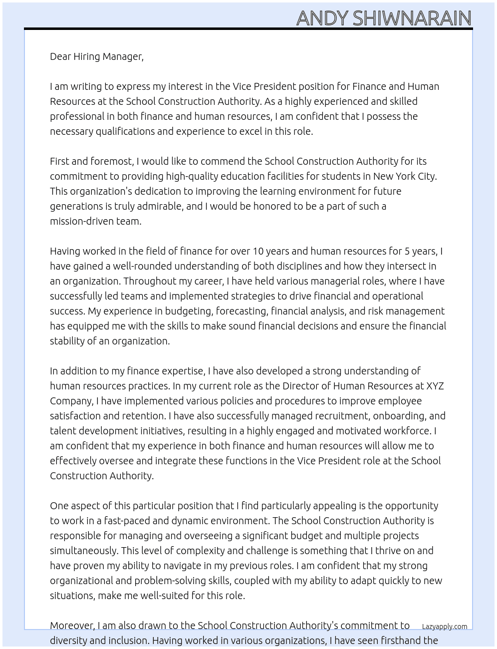 Vice President, Finance and Human Resources At School Construction Authority Cover Letter