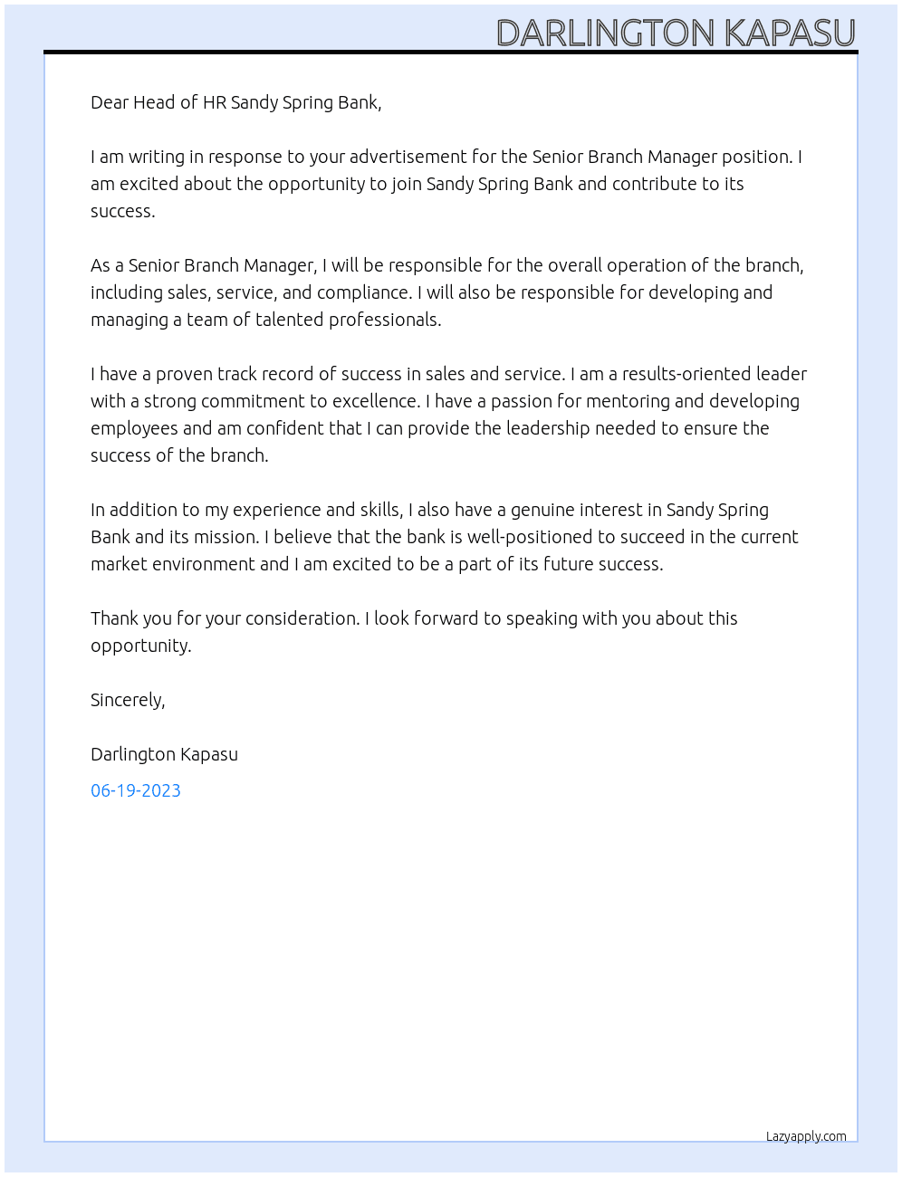 Senior Branch Manager  At Sandy Spring Bank  Cover Letter