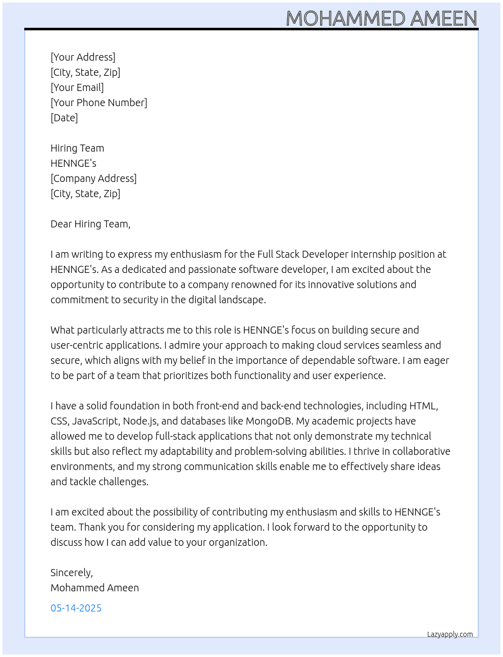 full stack developer At HENNGE's Cover Letter