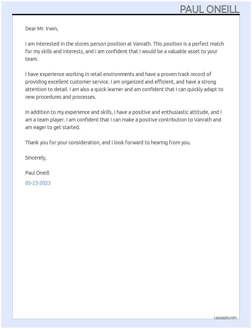 Stores person  At Vanrath  Cover Letter