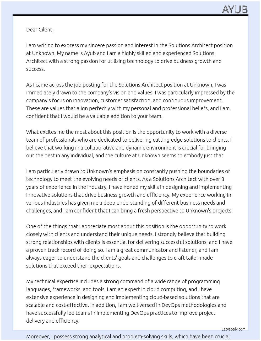  Solutions Architect At Unknown Cover Letter
