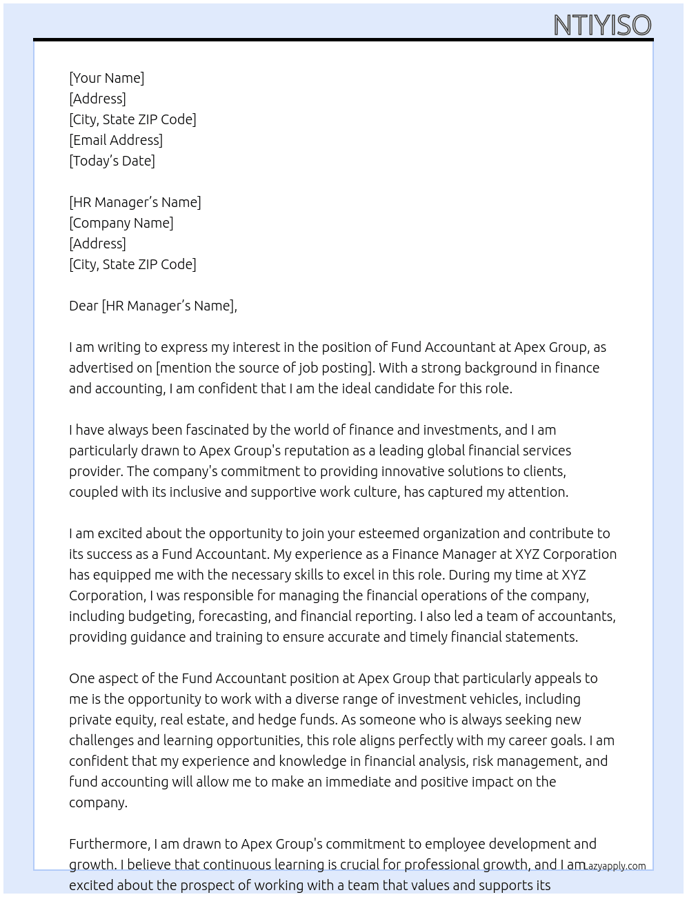 Fund Accountant At Apex Group Cover Letter