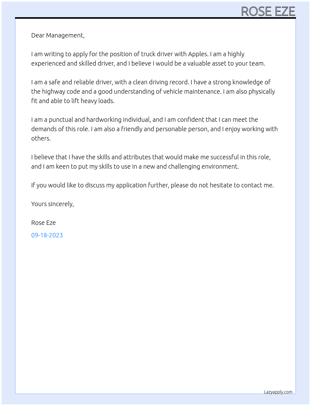 Truck driver  At Apples Cover Letter
