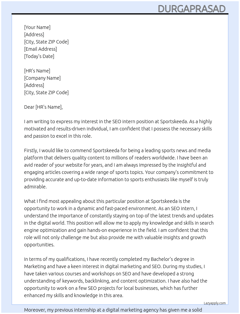 Seo intern  At Sportskeeda Cover Letter