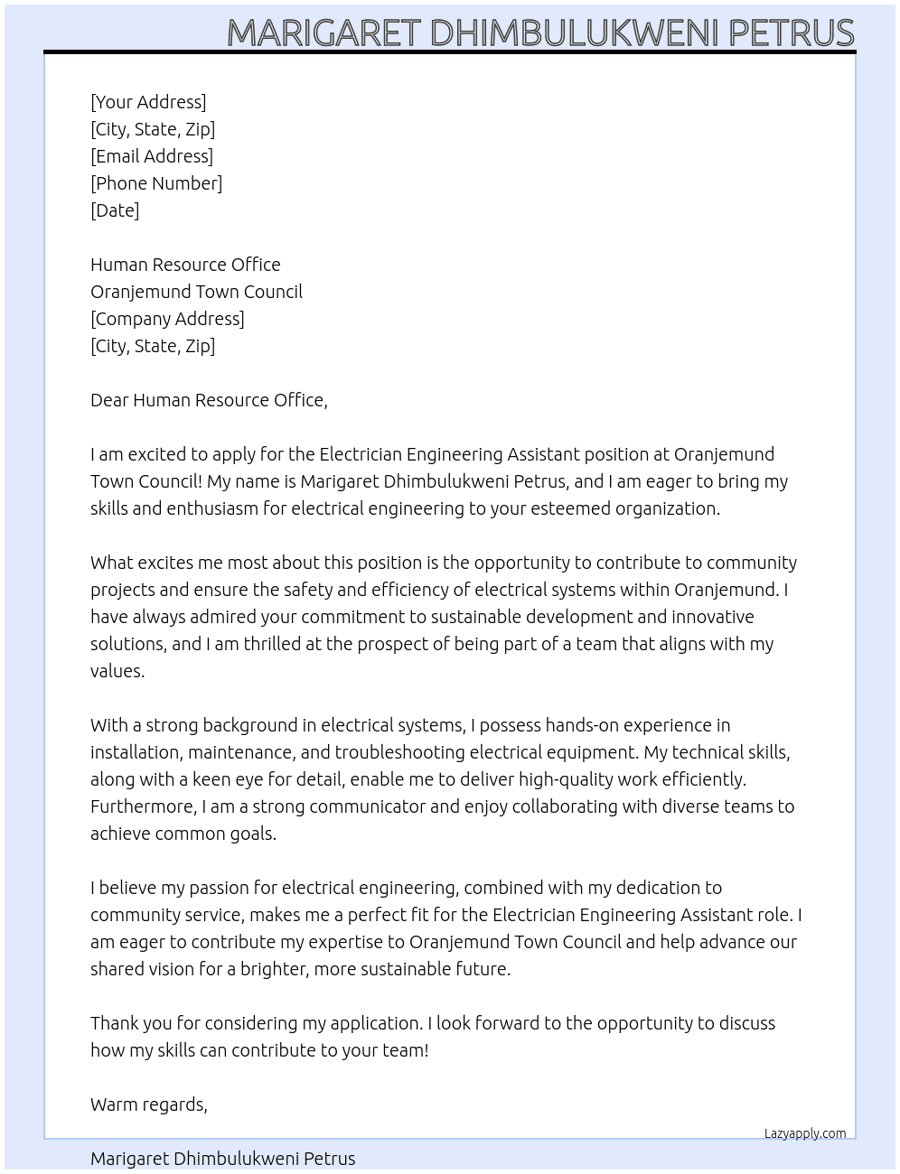 Cover letter for electrician engineering assistant - LazyApply