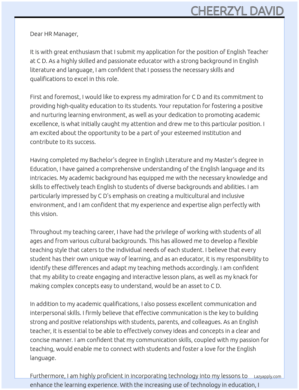 English Teacher At C D Cover Letter