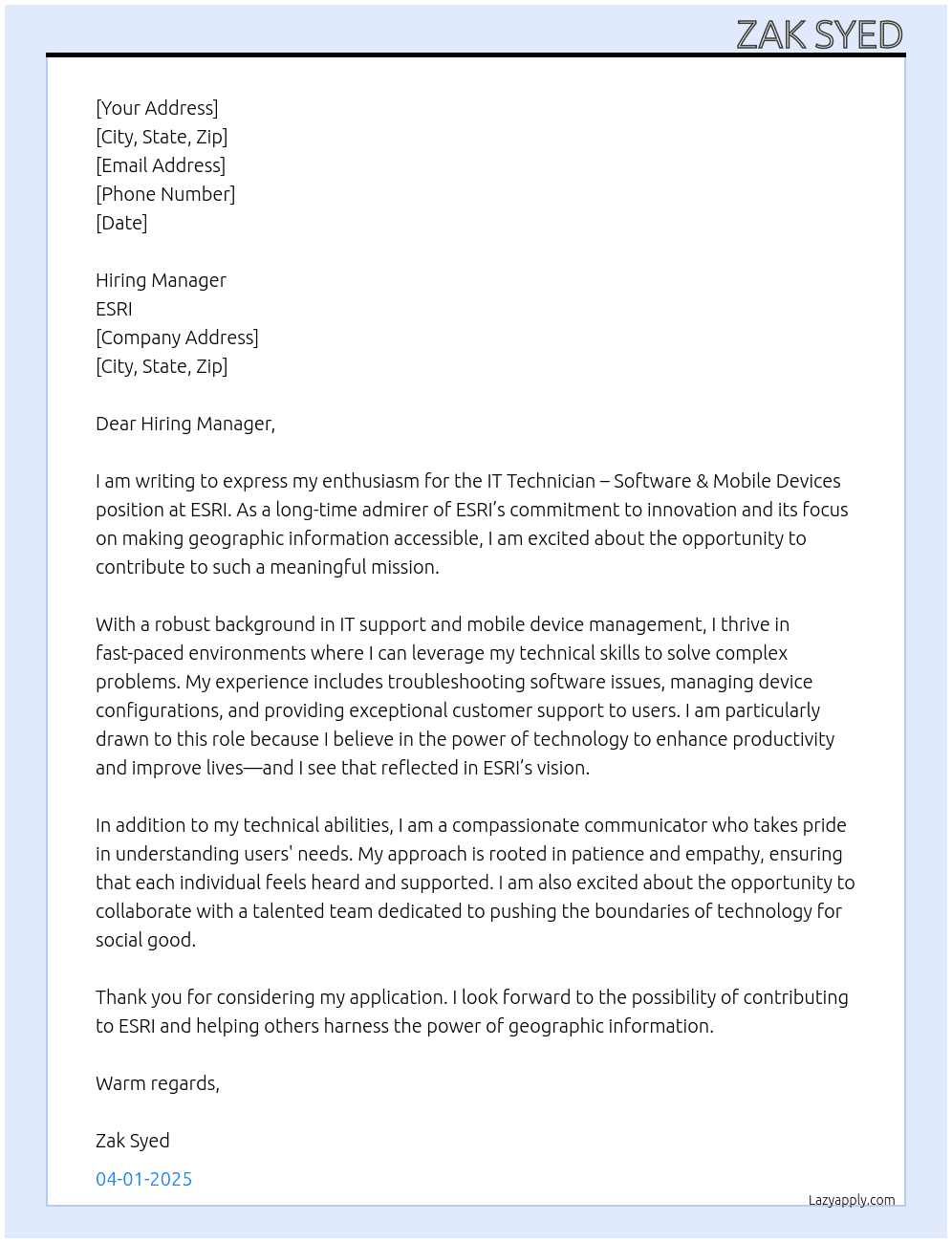 Cover letter for it technician- software & mobile devices - LazyApply
