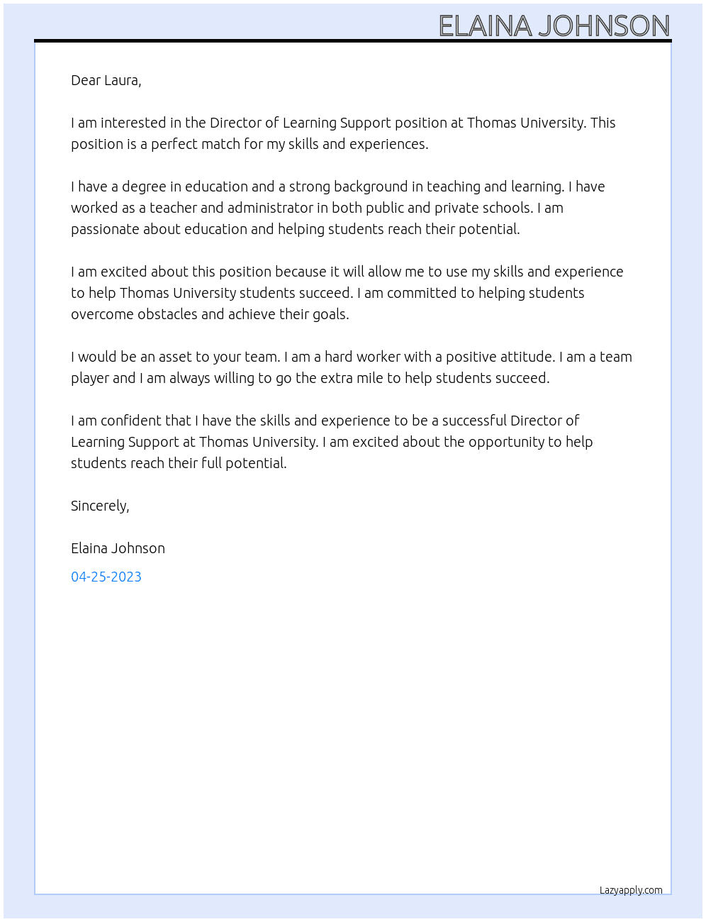 Director of Learning Support At Thomas University Cover Letter