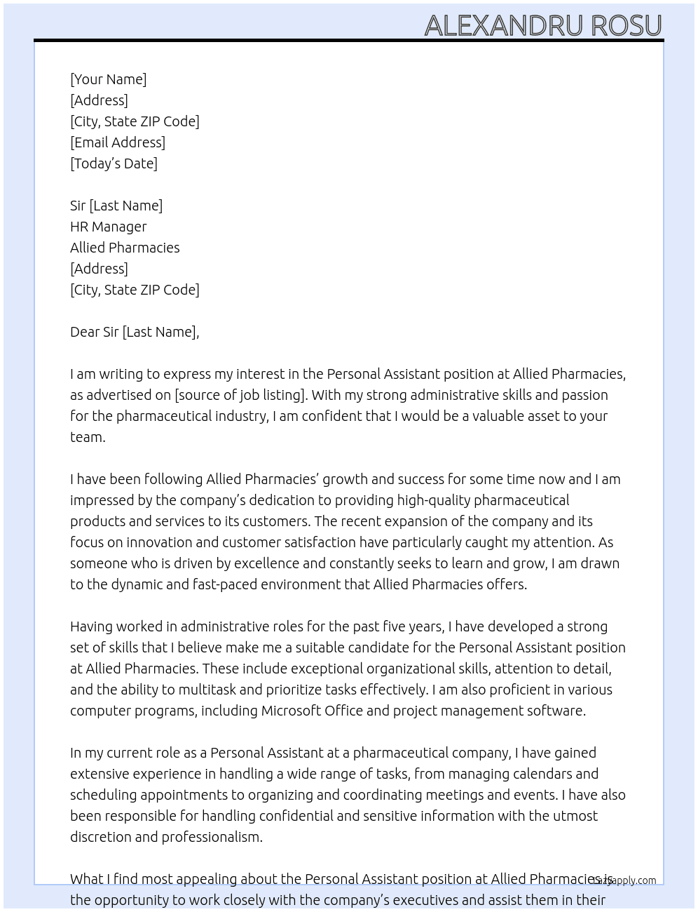 personal assistant At Allied Pharmacies Cover Letter