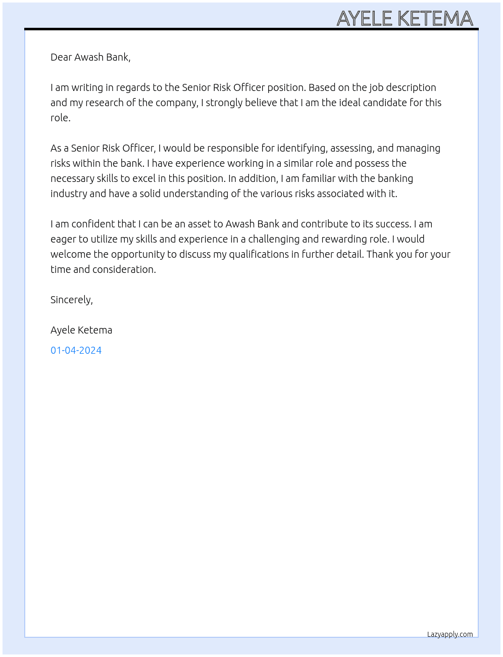 Senior -Risk Officer At Awash Bank Cover Letter