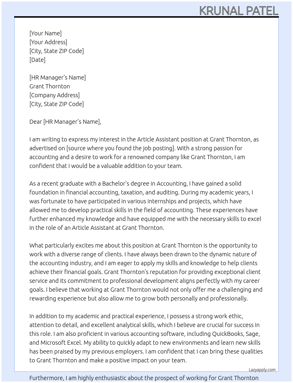 Article Assistant  At Grant Thornton Cover Letter