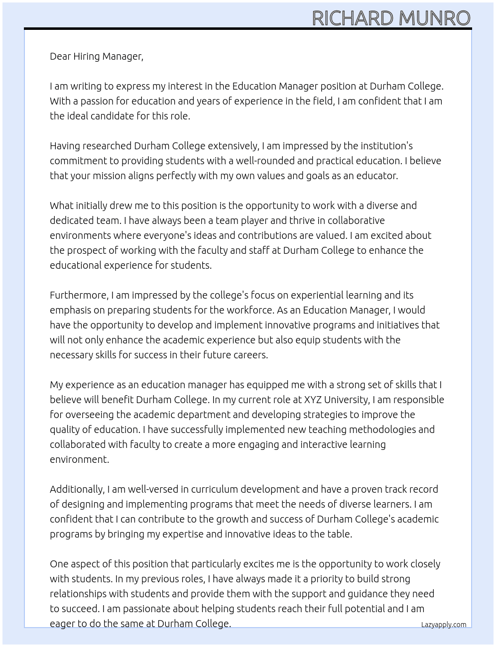 Education Manager At Durham College Cover Letter