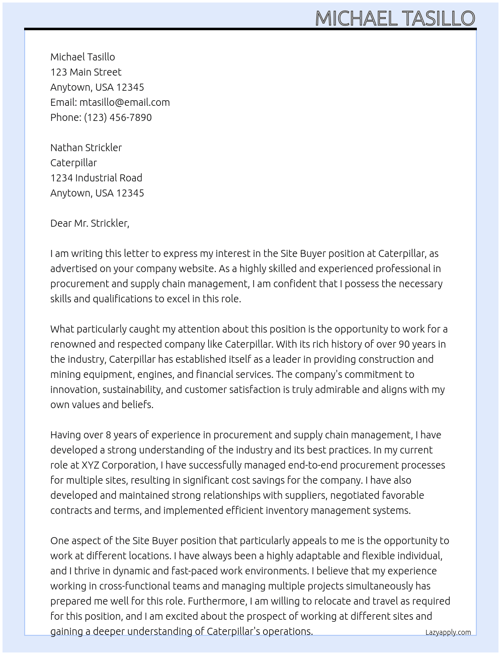 Site Buyer At Caterpillar Cover Letter