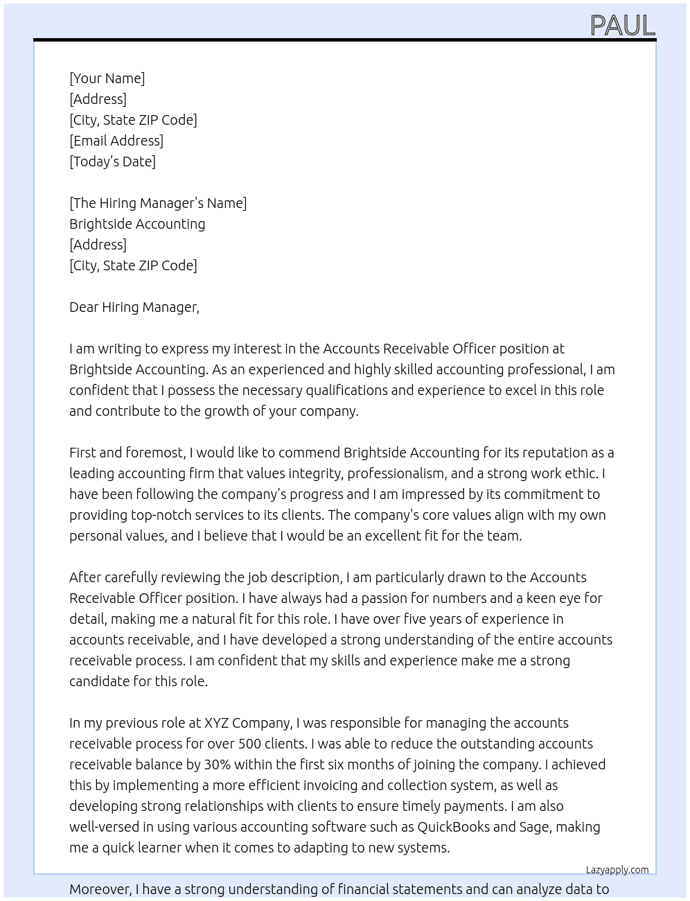 Accounts Receivable Officer At Brightside Accounting Cover Letter