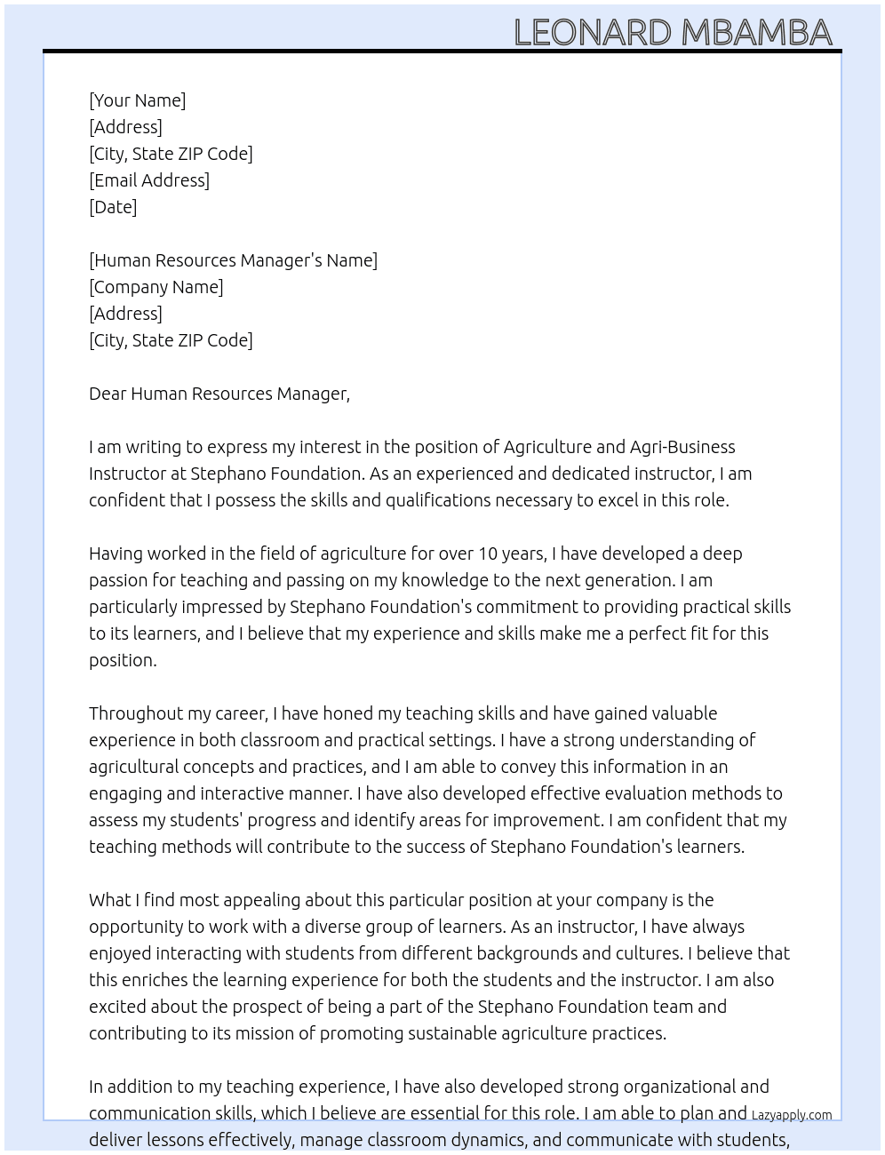 AGRICULTURE AND AGRI-BUSINESS INSTRUCTOR At Stephano Foundation  Cover Letter