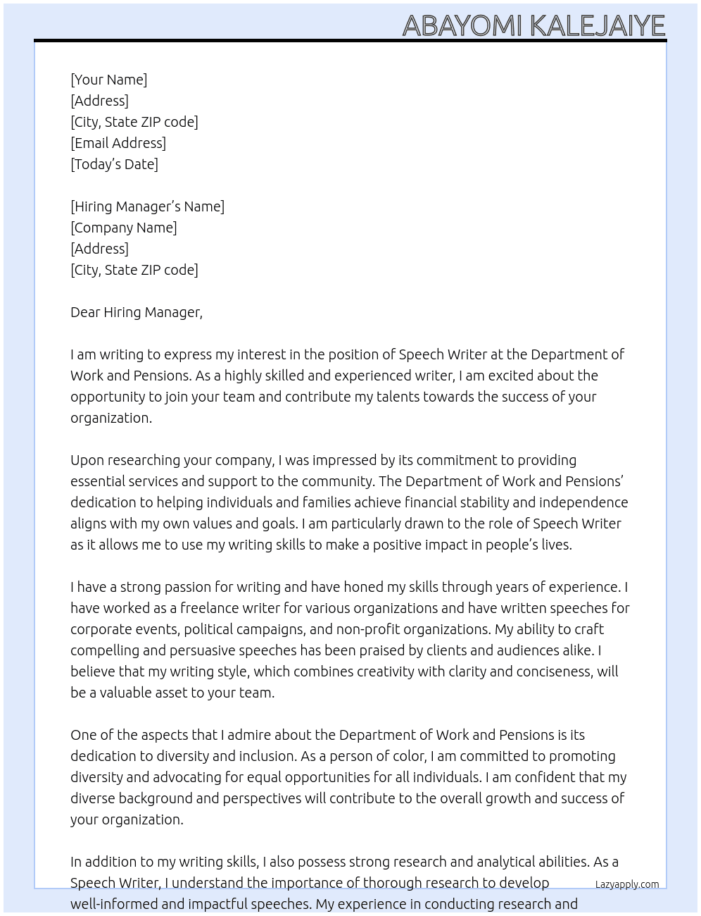 Speech Writer At Department of Work and Penions Cover Letter