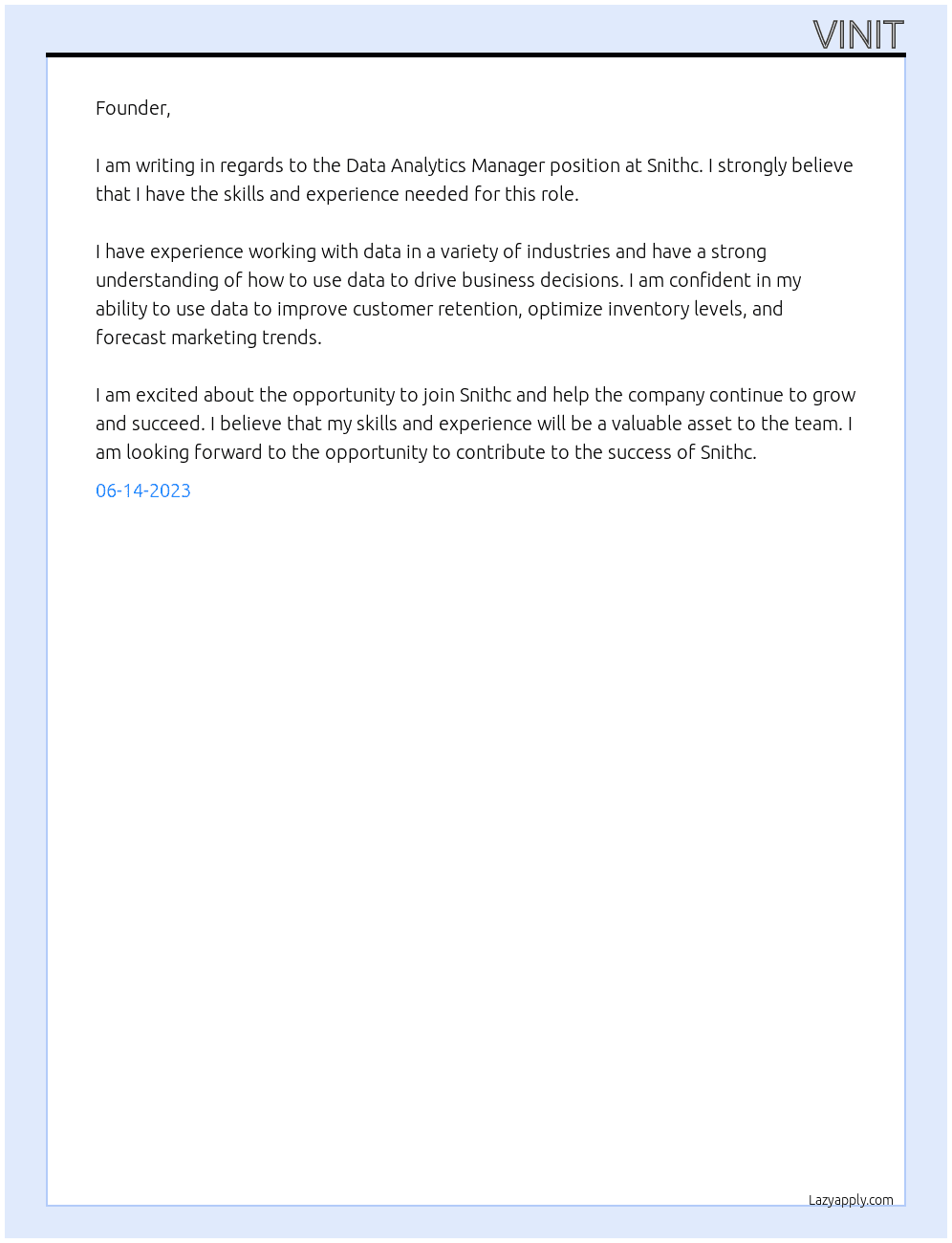 Data Analytics Manager  At Snithc Cover Letter